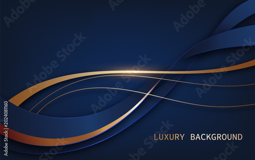 Luxury abstract background with elegant flowing blue wave shapes and metallic gold curved lines on a deep navy backdrop. Vector Illustration