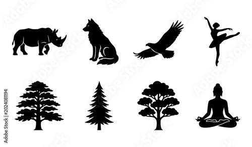 Foto Minimal forest wildlife and human silhouette vector set with rhino wolf eagle ba