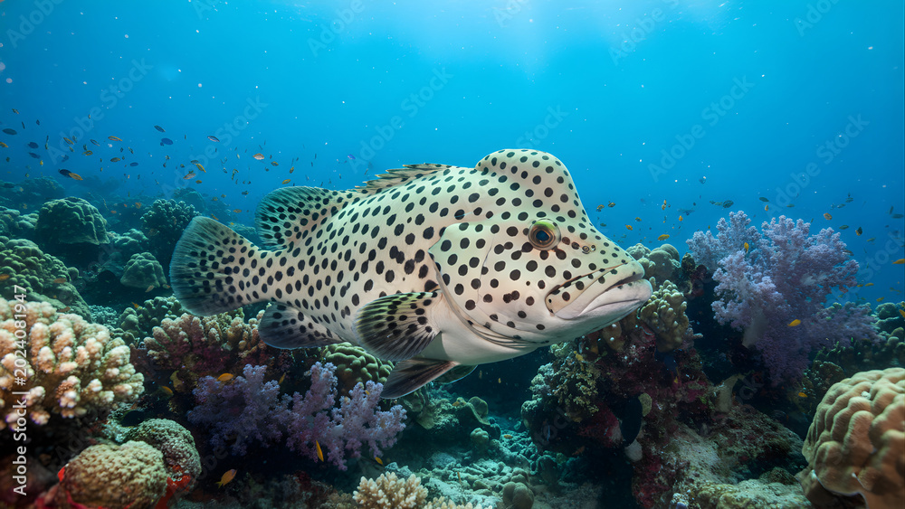 Fototapeta premium Large spotted fish swimming near coral reef.