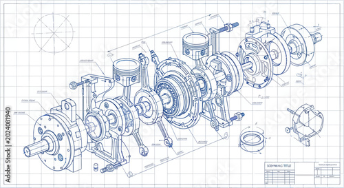 Foto Detailed blueprint of a complex mechanical engine assembly in exploded view