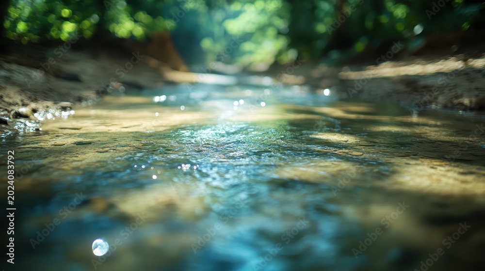 Fototapeta premium Clear water flows gently in a sunlit rural stream with lush green trees bordering the banks