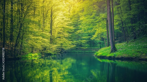A serene forest lake with vibrant green trees and bright sunlight reflecting on the tranquil water surface