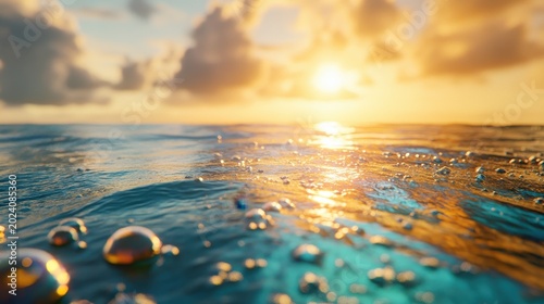 Close up of tranquil ocean water surface shimmering with golden sunlight and air bubbles, showcasing a peaceful natural beauty.
