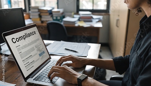 Person's hands typing on a laptop displaying a 'compliance' document with text and sections, in a cluttered office environment.keywords: laptop