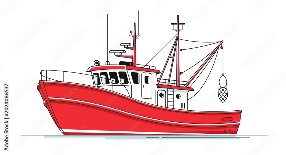 Fototapeta premium Red Fishing Boat Illustration - Maritime Commerce Vessel on White Background