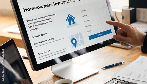 Person's finger pointing at a computer screen displaying a homeowners insurance guide with a house and map graphic.keywords: insurance, homeowners