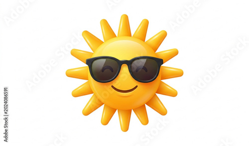 3D sun emoji with sunglasses bright summer sunshine vector icon isolated on white