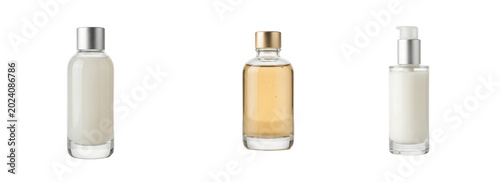 Photos Cosmetic lotion and toner bottle mockup set with silver and pump caps, modern sk