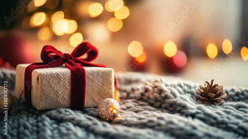 Festive Christmas Gift Wrapped with Velvet Ribbon and Sparkling Tag on Cozy Knit, Illuminated by Warm Bokeh Lights