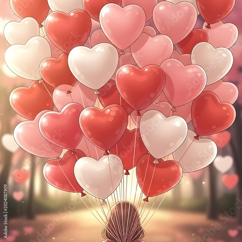 A person holding a large bunch of vibrant red and soft pink heart shaped balloons celebrating love and romance in a dreamy blurred forest setting at sunset
