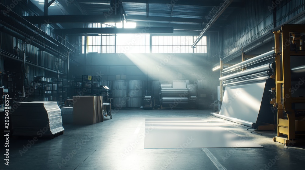 Obraz premium Sunlight Streams Through Industrial Warehouse Interior Illuminating Production Machinery and Stacked Materials