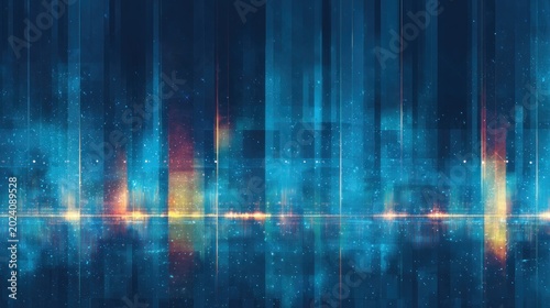 Digital abstract composition displays vertical bands of light and scattered particles over a dark blue background