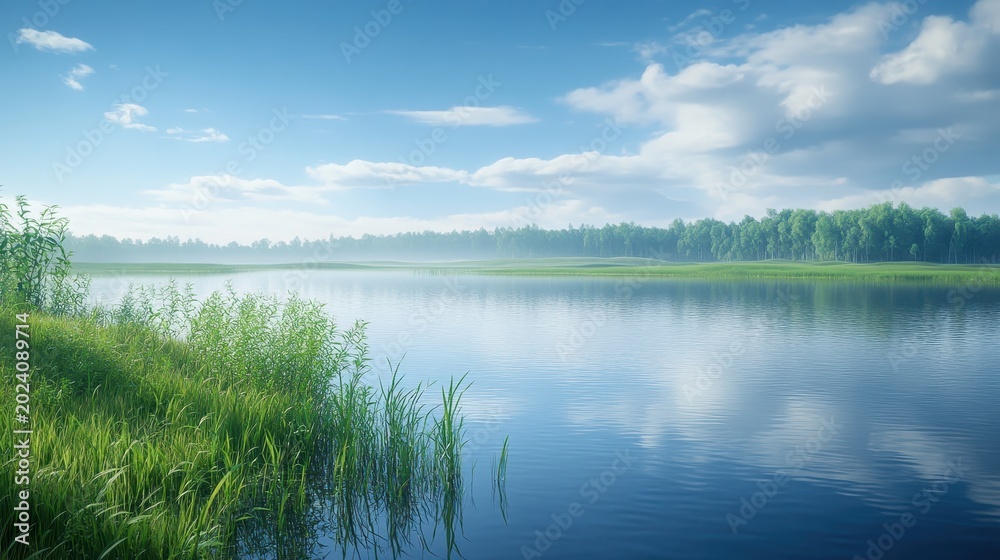 Obraz premium Serene lakeside landscape with calm blue waters reflecting a bright sky and lush green shore