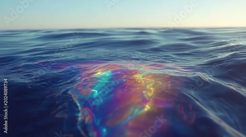 Vibrant iridescent oil slick on calm ocean waters reflecting light and color