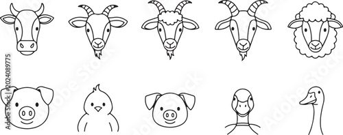 Bild auf Leinwand Farm animal faces, vector icons, black line drawings isolated PNG with Transpare