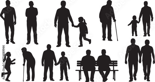 Black people silhouettes, human icons, family illustrations, walking, sitting isolated PNG with Transparent Background