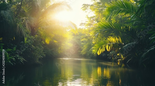 Sunlight Beams Filter Through Lush Tropical Rainforest Foliage Illuminating a Calm River Channel