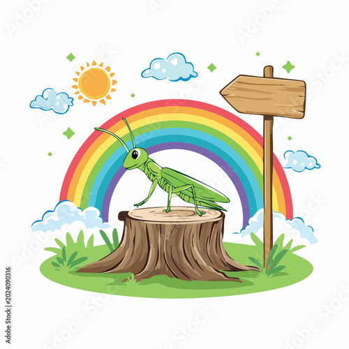 Cartoon Grasshopper on Tree Stump with Rainbow and Sun
