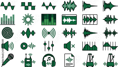 Schilderij op canvas Audio Waveform and Sound Frequency Icon Set Featuring Equalizers Speakers Microp