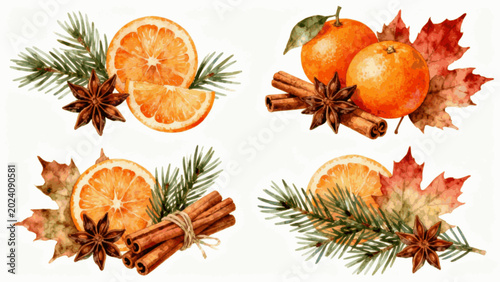 Tableau sur toile Naturally fragrant herbs A collection of orange, cinnamon, star anise, pine bran