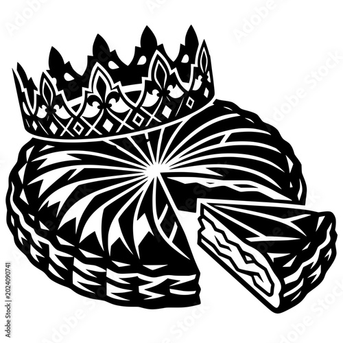 Quadro su tela Stylized silhouette of Galette des Rois pastry topped with ornate crown, symbolizing French Epiphany tradition and festive celebration