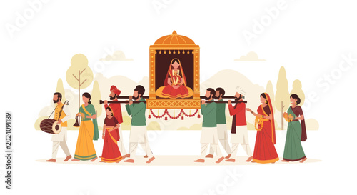 Schilderij op canvas Indian Wedding Procession: Bride Carried in Palanquin with Music and Family