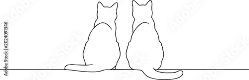 Continuous line drawing, two cats sitting, minimalist pet illustration, simple animal design isolated PNG with Transparent Background
