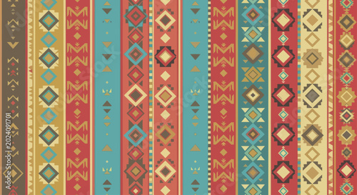Bild auf Leinwand Vibrant Ethnic Pattern with Geometric Shapes and Vertical Stripes