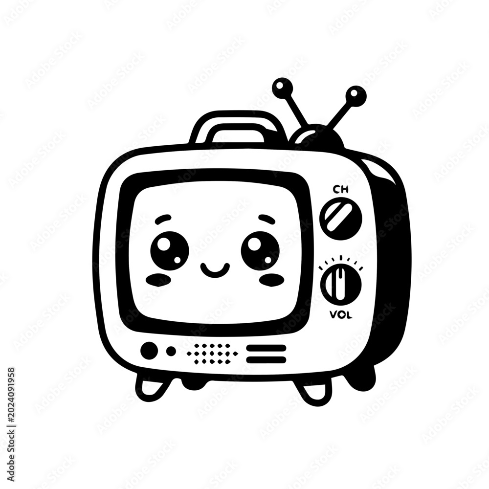 Naklejka premium Cute retro TV icon, happy smiling screen, charming monochrome cartoon character illustration in simple vector art for nostalgic media and vintage technology themes