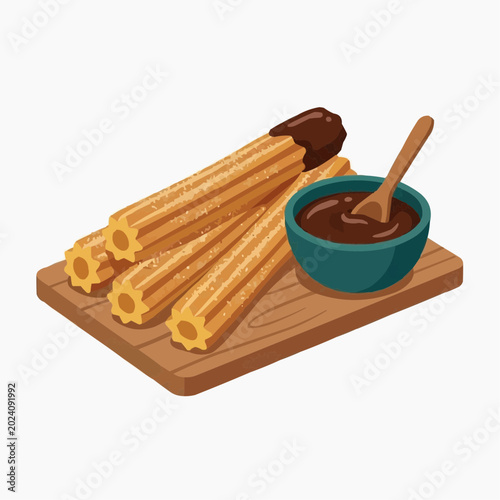 Churros with Chocolate Dip on Wooden Board Illustration