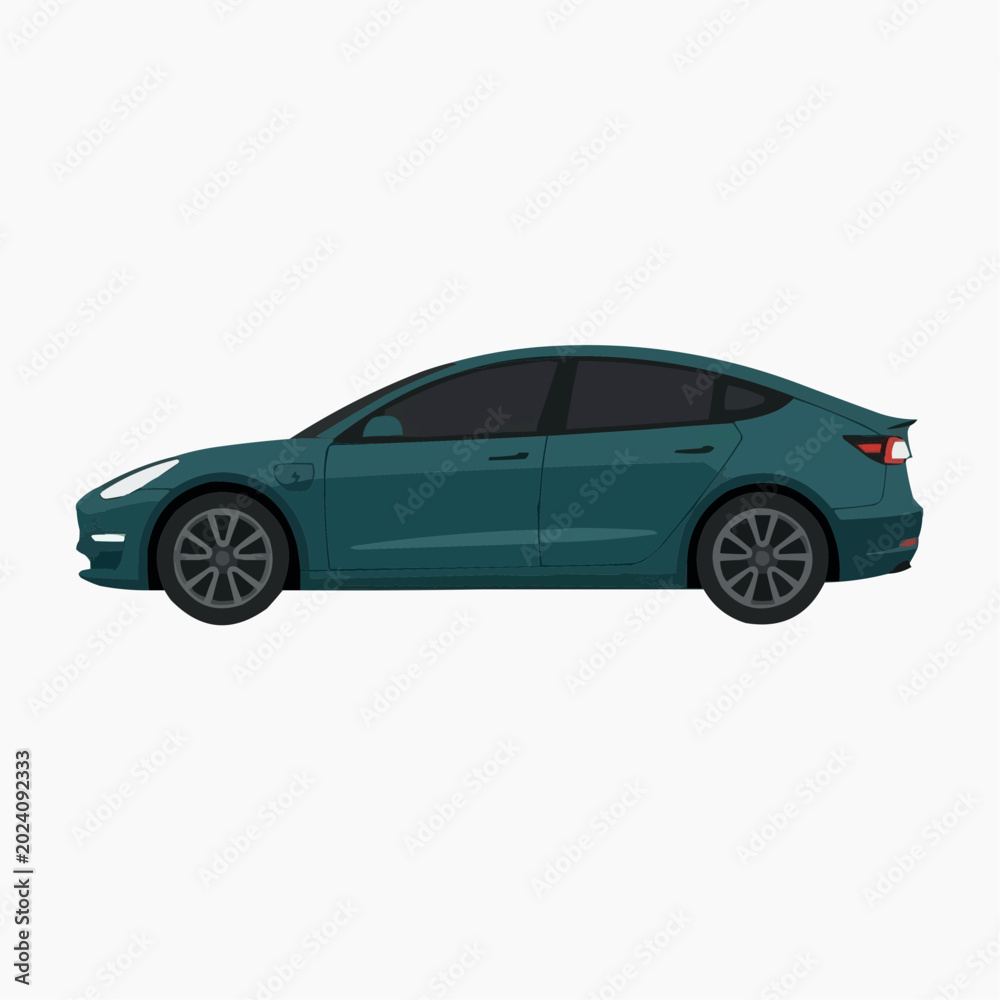 Fototapeta premium Teal Electric Sedan Car Side View Isolated on White Background