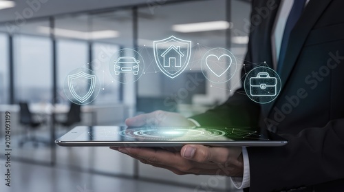 A business professional interacts with a digital tablet displaying holographic icons of insurance and security concepts.