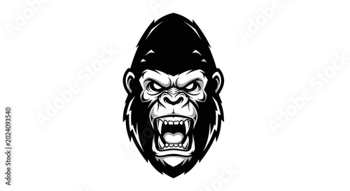 Fotografía Fierce Gorilla Head Illustration, Aggressive Ape Face, Black and White Graphic