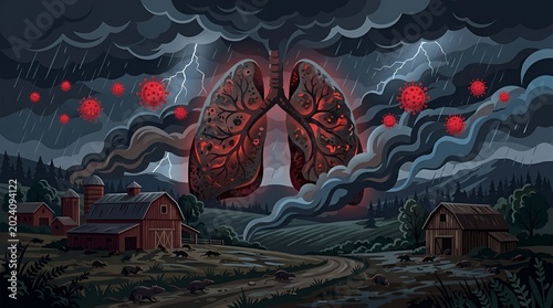 Dramatic atmospheric scene of lungs surrounded by storm clouds and lightning over rural landscape illustrating respiratory