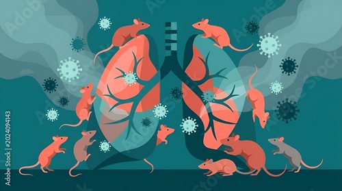 Illustration of rats and virus particles affecting the lungs in a detailed medical concept