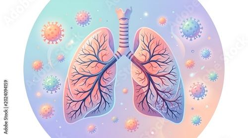 Lung anatomy with virus particles highlighting respiratory health and infection processes in medical illustration