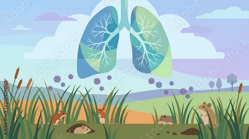 Environmental health and air quality with lung illustration and small animals in nature landscape