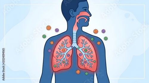 Comprehensive illustration of human respiratory system highlighting lung anatomy and immune response with virus and bacteria