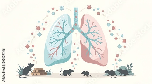 Illustration of Human Lungs with Surrounding Mice and Environmental Elements Highlighting Respiratory Health and Pollution Effects