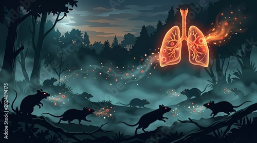 Fascinating depiction of a mystical forest scene highlighting respiratory health and dangers of pollution with glowing lungs