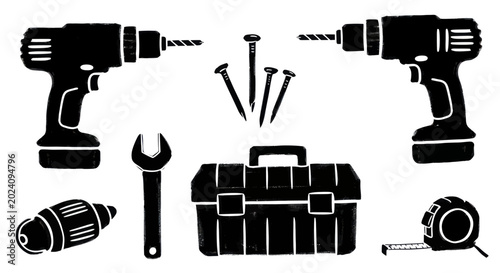 Принти на полотні Collection of Black Silhouettes of Tools and a Toolbox.