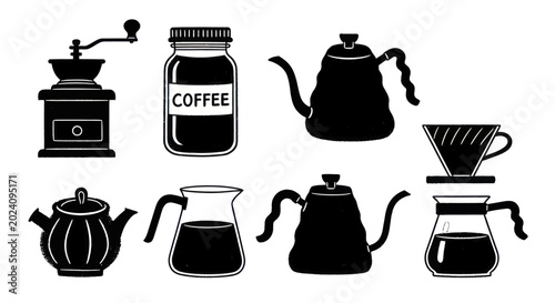 Foto Collection of coffee brewing equipment and accessories in silhouette style