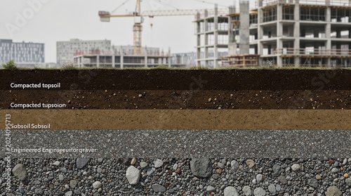 Cross-sectional view of layered soil and compacted topsail beneath a construction site with cranes and buildings in the background.