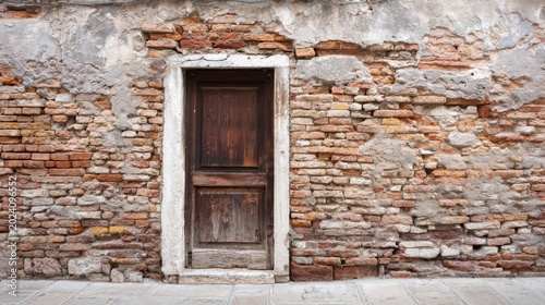 Rustic Vintage Wooden Door Set in a Distressed Red Brick Wall