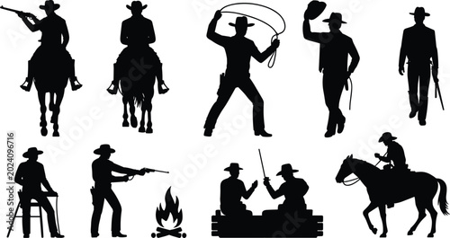 Schilderij op canvas Black Silhouette Set of Wild West Cowboys Riding Horses Swinging Lasso Shooting