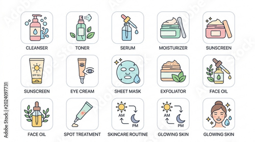 Cuadro en lienzo Collection of skincare icons for beauty and wellness including products and rout