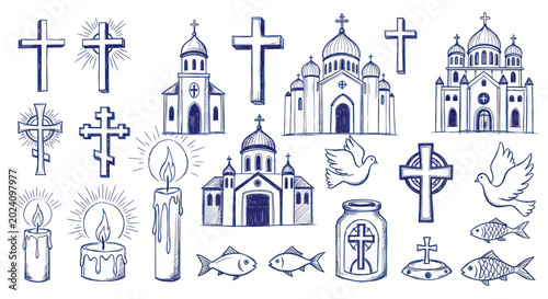 Foto Hand drawn Christian religious symbols collection featuring churches crosses candles doves and fish
