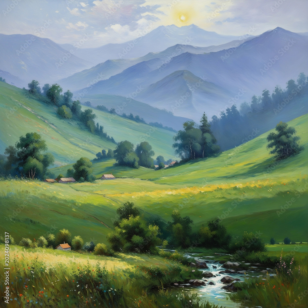 Obraz premium Rolling Green Mountain Valley Stream Oil Painting