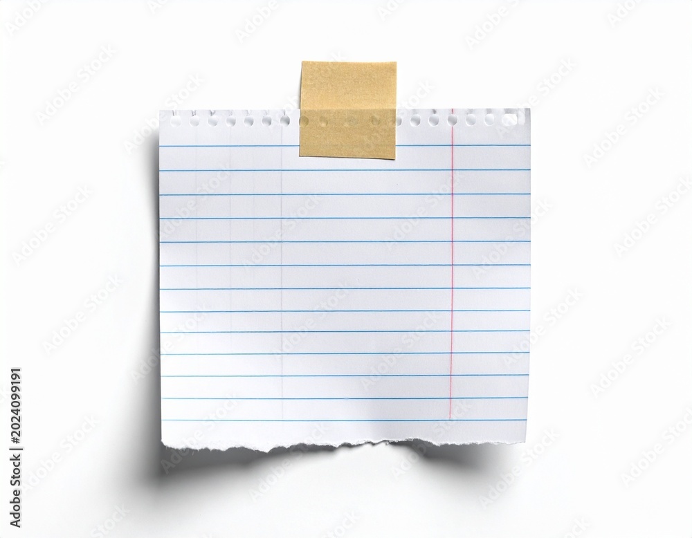 Fototapeta premium Torn lined notebook paper attached with masking tape academic study concept