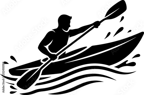 Canvas Print Man rowing kayak with paddle on water surface recreational activity